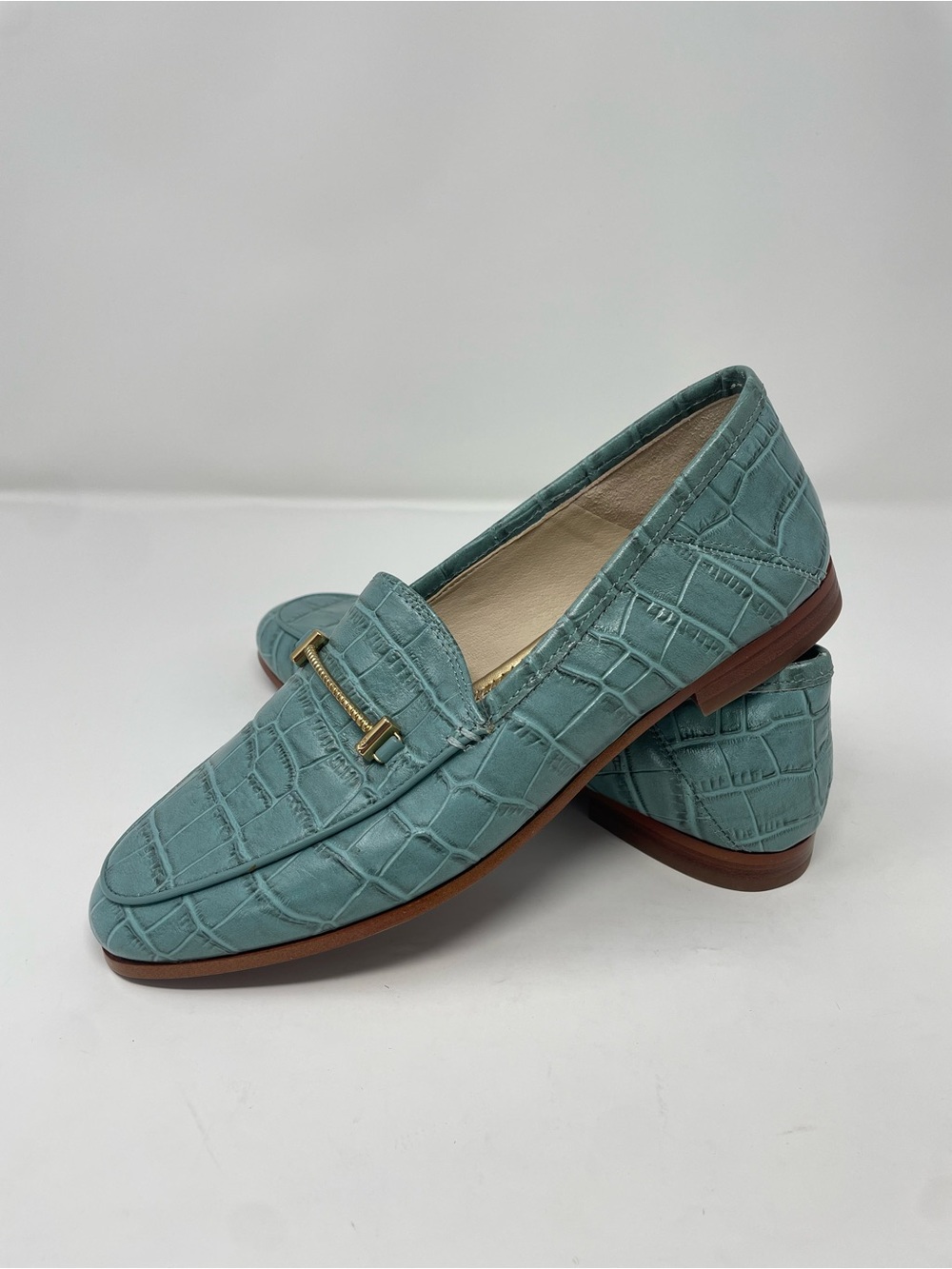 Sam Edelman Women’s Blue Green Croc-Embossed Loafers with Gold Accent